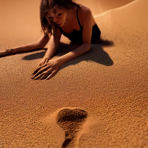 Image similar to Woman made out of sand sitting in desert and staring down at her hand as it slowly blows away and disappears grain by grain. high quality, photo realistic, ultra detail, artistic lighting, realistic, award winning photo, trending on artstation
