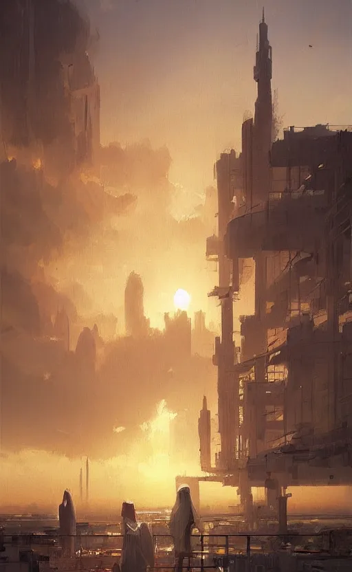 Image similar to oil painting of dubai skyline at sunset, natural light, concept art, by greg rutkowski, cozy atmospheric and cinematic lighting