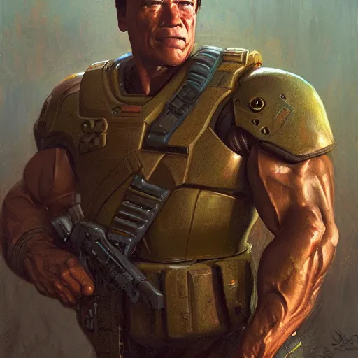 Prompt: Arnold Schwarzenegger as the Doomguy, closeup character art by Donato Giancola, Craig Mullins, digital art, trending on artstation