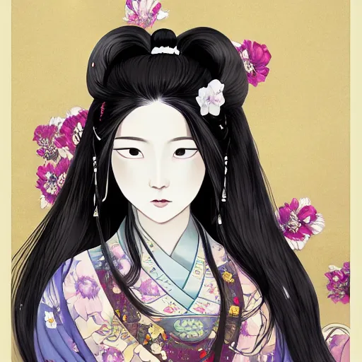 Prompt: portrait of the japanese moon princess kaguya hime with long flowing black hair wearing an ornate kimono with intricate floral patterns, touhou character illustration by ross tran, bo chen, toni infante, rebecca oborn, michael whelan, trending on artstation cgsociety hq