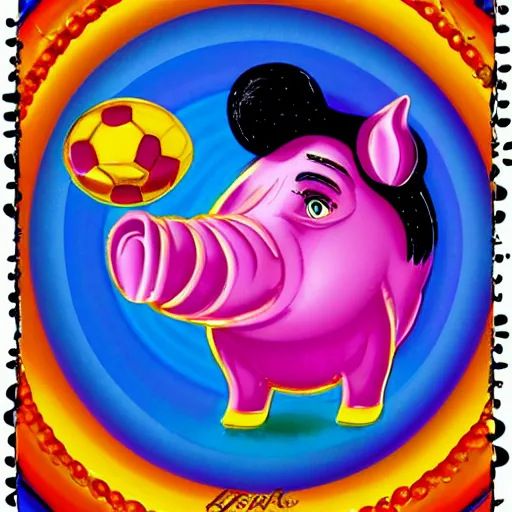 Image similar to lisa frank dashing pig wearing a simple gold throwing a football in the style of Andy J Pizza