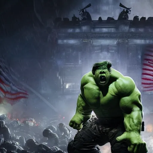 Prompt: ' donald trump as the hulk in gears of war, splash art, movie still, detailed face, maga, patriot, cinematic lighting, dramatic, octane render, long lens, shallow depth of field, bokeh, anamorphic lens flare, 8 k, hyper detailed, 3 5 mm film grain