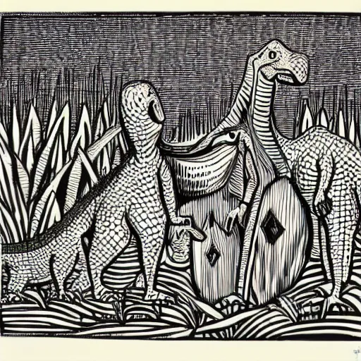 Prompt: dinosaurs by Edward Bawden, linocut