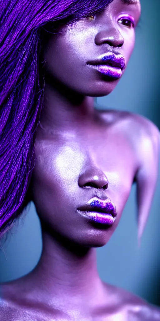 Prompt: hyperrealistic intricate close-up of beautiful african woman with purple hair and pearlescent blue skin james paick machiej kuciara dramatic neon lighting on one side