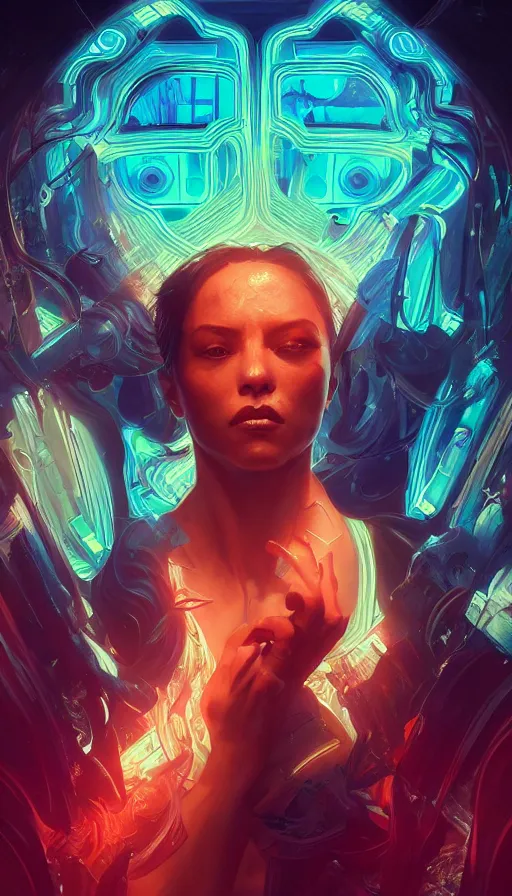 Image similar to altered carbon, neon, fibonacci, sweat drops, insane, intricate, highly detailed, digital painting, artstation, concept art, smooth, sharp focus, illustration, Unreal Engine 5, 8K, art by artgerm and greg rutkowski and alphonse mucha