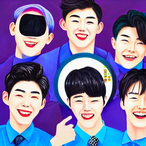 Image similar to handsome korean boys group smile to you - aesthetic, smooth painting, each individual seeds have ultra high detailed, 4 k, illustration, comical, acrylic paint style, pencil style, torn cosmo magazine style, pop art style, ultrarealism, by mike swiderek, jorge lacera, ben lo, tyler west