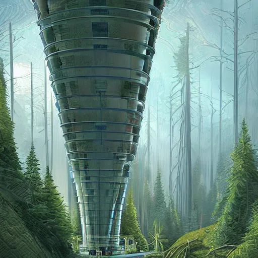 Prompt: art deco scientific research facility of massive proportions in a forest, illustration by yoann lossell, raphael lacoste