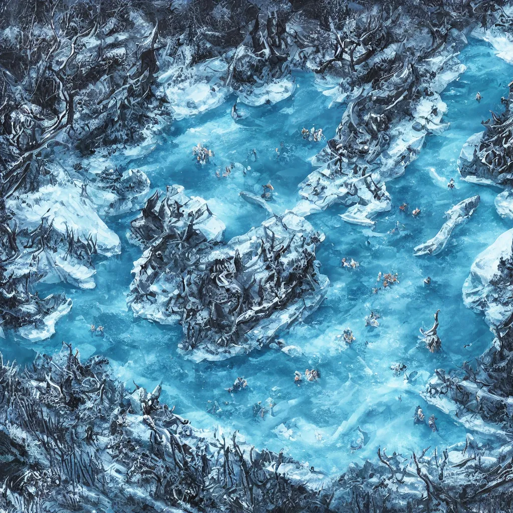 Image similar to a d & d background of a frozen lake with monsters beneath the ice, viewed from above, high quality digital art, gridless, vivid, blue tones, oil painting, trending on arstation, oil painting