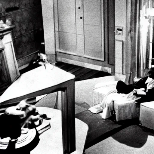 Prompt: a still film Buñuel, living room, 1960