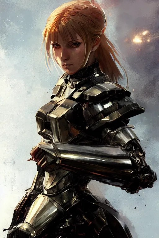 Prompt: epic pretty young girl saber fate stay night, portrait in armour made out of strongest metal gear by greg rutkowski and craig mullins