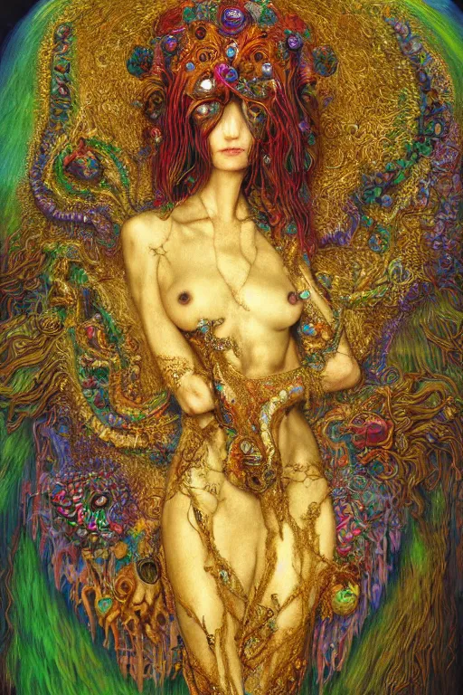 Prompt: romantic upper body portrait sigil with the intent of remembering compassion lovecraftian bird queen, green hair, by agostino arrivabene, klimt, gustave moreau, gilded. floral, biomechanical illuminated text ornaments and gems hdr 8 k 3 d dslr hdr trending on artstation rendered with cryengine