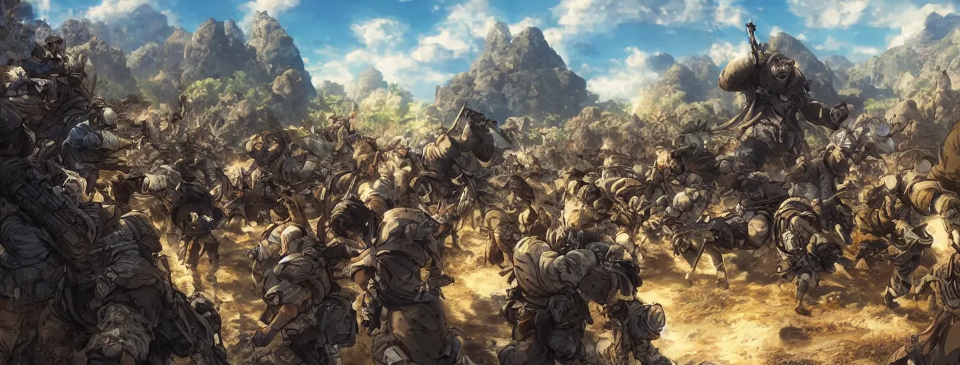 Prompt: calvary soldiers charging at a giant gorilla throwing rocks. hyperrealistic anime background illustration by kim jung gi, colorful, extremely detailed faces, intricate linework, smooth, super sharp focus, bright colors, high contrast, matte, octopath traveler, unreal engine 5 highly rendered, global illumination, radiant light