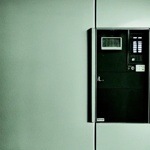 Prompt: noisy color photograph of a vending machine room, laboratory, dark corners, minimalist, cinematic, soft vintage glow