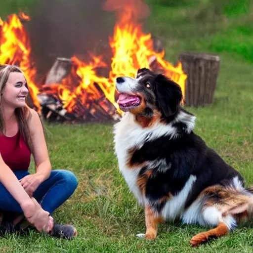 Prompt: picture of an australian shepherd with a hillbilly with long blonde hair around a bonfire