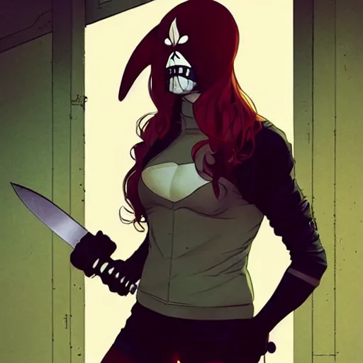 Prompt: style of Jaime McKelvie and Joshua Middleton comic book art, cinematic lighting, realistic, bunny mask female villain holding a bloody kitchen knife, standing in an alleyway, full body sarcastic pose, symmetrical, realistic body, knee high socks, The Purge, rioters, night, horror, dark color palette