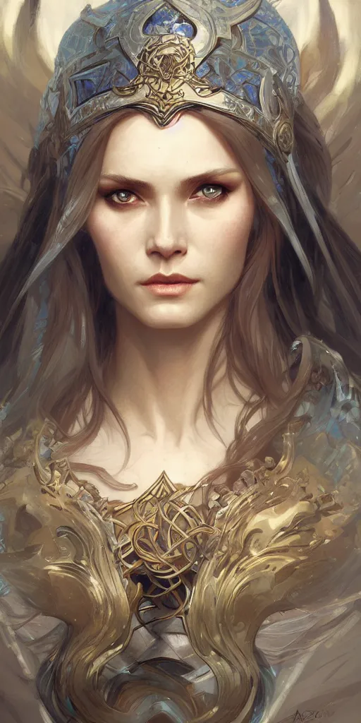 Image similar to a portrait of Norse queen, highly detailed, digital painting, artstation, concept art, sharp focus, illustration, art by artgerm and greg rutkowski and alphonse mucha