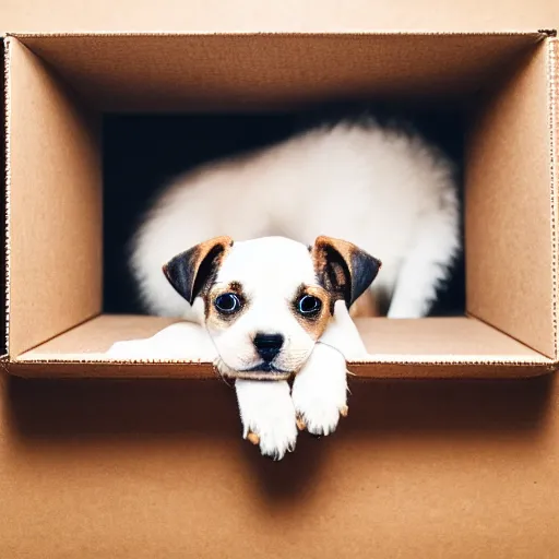 Prompt: puppy sitting in a shoebox, photography, minimalistic, 8 k