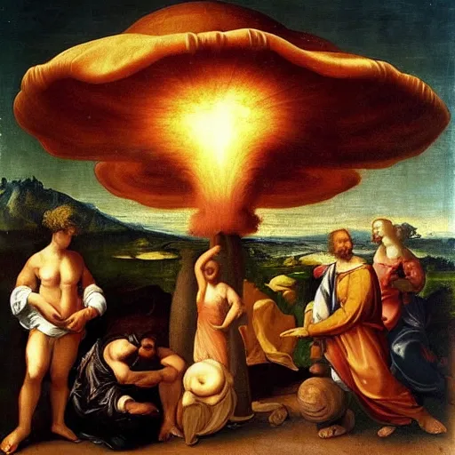 Image similar to renaissance painting of atom bomb mushroom cloud