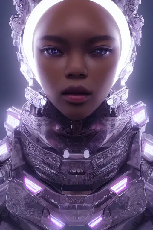 Image similar to beautiful portrait of friendly attractive alien cyborg, style of Feng Zhu, Artstation geometric, aesthetic, smooth skin, unique features, symmetrical, intricate crown, high fashion, streetwear, cyberpunk, detailed, octane render, cinematic, 8k, purple skin, brown skin