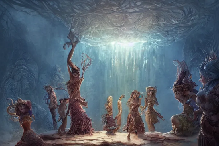 Prompt: the muses. sacred singers they who took up the strings of the deep ocean kraken, and turned the cacophony of an angry world into songs of unity and peace. morning lighting hopeful, sun beams cinematic fantasy painting, dungeons and dragons, jessica rossier and brian froud