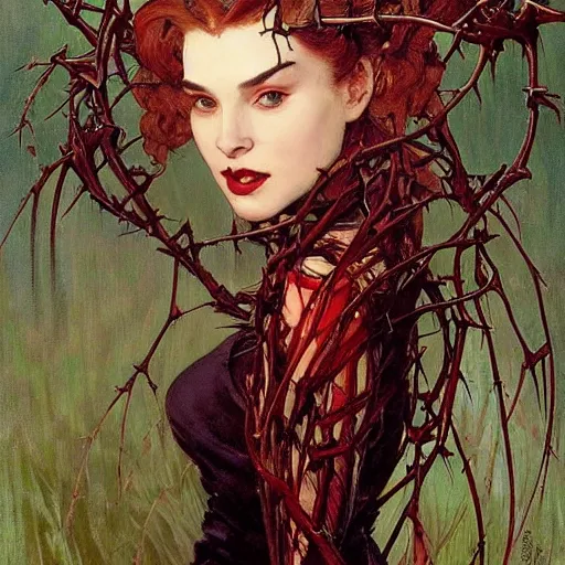 Prompt: portrait of a menacing beautiful vampire, head only, headshot, dress made of thorns by Stanley Artgerm Lau , greg rutkowski, thomas kindkade, alphonse mucha, loish, norman rockwell, J. C. Leyendecker. hair waving in the wind, pale skin, sinister complexion, thorn crown, image bordered by thorns, thorn background. D&D, fantasy. Trending on artstation rule of thirds extremely detailed illustration hd 4k