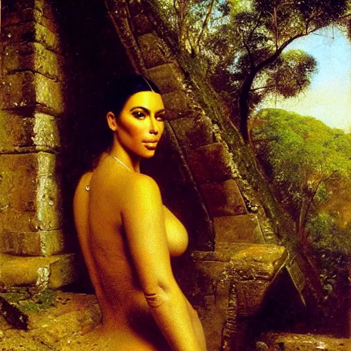 Prompt: detailed portrait of kim kardashian in mayan pyramid jungle ruins by rudolf ernst, john frederick lewis, jean - leon gerome