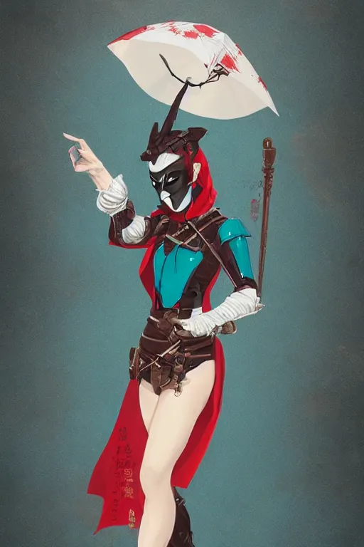 Image similar to female adventurer in tight full - body teal leather armor of japanese design with red accents and a white porcelain crow mask, trending in artstation, japanese, by wlop, establishing shot