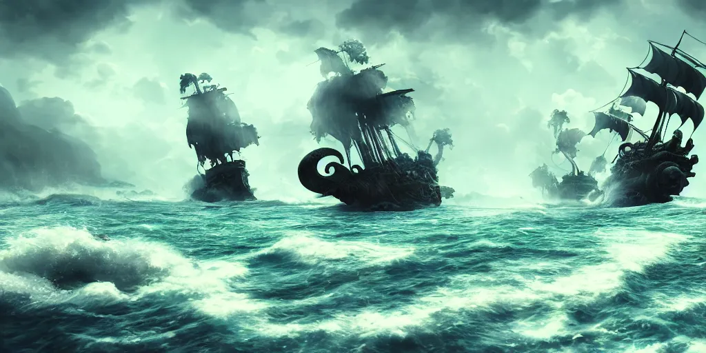 Image similar to the kraken sinking a pirate ship, kraken attacking pirate ship in rough seas, studio ghibli style, photorealistic illustration, high quality render, 8 k resolution, octane render
