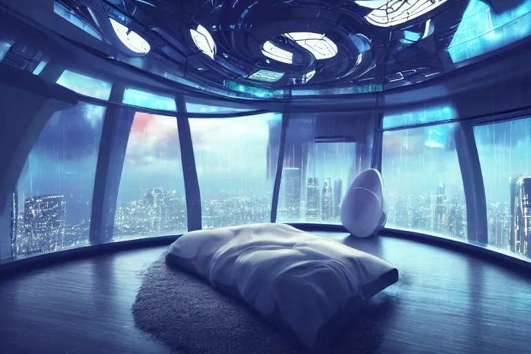 Image similar to a futuristic bedroom with large curved ceiling high windows looking out to a far future cyberpunk cityscape, cyberpunk neon lights, raining, scifi