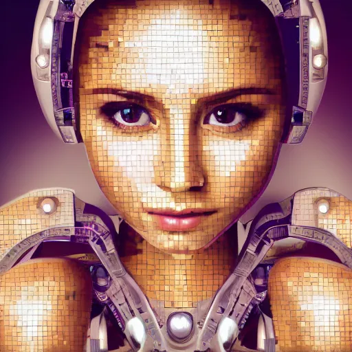 Image similar to mosaic of a beautiful cute girl with robot ears and eyes, 4k, intricate details