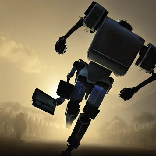 Image similar to a robot carries a wounded human away from an explosion, dramatic lighting