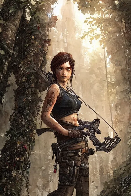 Image similar to daughter of ellie from the last of us and lara croft from tomb raider. fashion, fantasy, art by ayami kojima, vasnetsov, cedric peyravernay