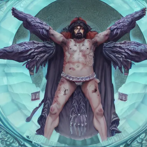 Image similar to 4K headshot portrait of godlike Pimp of Nazareth with defined arms and open hands and bloody clothes with giant mandala wings , intricate face , flawless anime cel animation by Kentaro Miura, psychedelic , highly detailed upper body , professionally post-processed , beautiful, scary, symmetry accurate features, epic, octane rendered, anime masterpiece, accurate by Craig Mullins, ilya kuvshinov, krenz cushart, epic , artgerm trending on artstation by Edward Hopper and Dan Mumford and WLOP and Rutkovsky, beksinski carl spitzweg moebius and tuomas kocar, intricate artwork by caravaggio, Unreal Engine 5, Lumen, Nanite