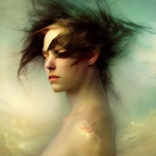 Image similar to dreams of the fae; three-quarters portrait; heterochromia; oil paints; 8k, surrealism, abstract imagery by Aleksi Briclot and Ivan Aivazovsky; blotchy skin, piercing eyes, flowing hair, underwater