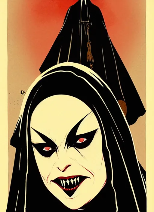 Image similar to scary female vampire nun, symmetrical face, evil grin, nun outfit, portrait size, cinematic, dramatic, super detailed and intricate, by koson ohara, by darwyn cooke, by greg rutkowski, by satoshi kon