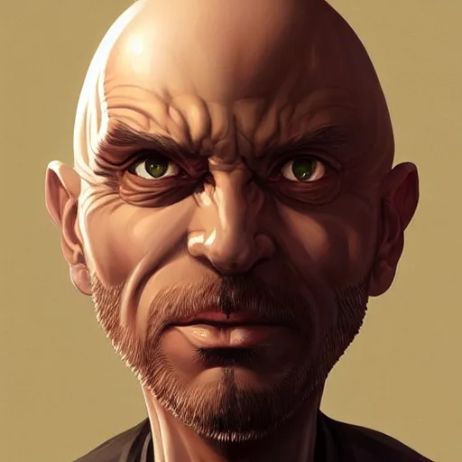 Image similar to bald man with solid black disks over eyes, portrait, behance hd artstation, style of jesper ejsing