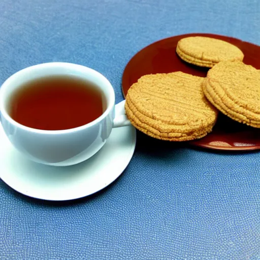 Prompt: tea and marie biscuit ona fine evening