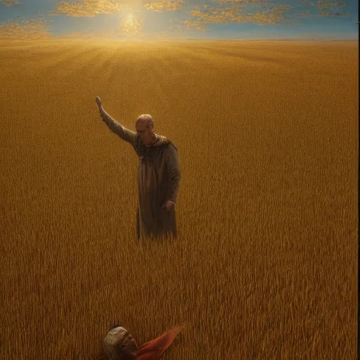 Prompt: walter white as god decending upon a golden field of wheat, trending on artstation, gustave dore, renaissance art, hyper detail, bloom, painting