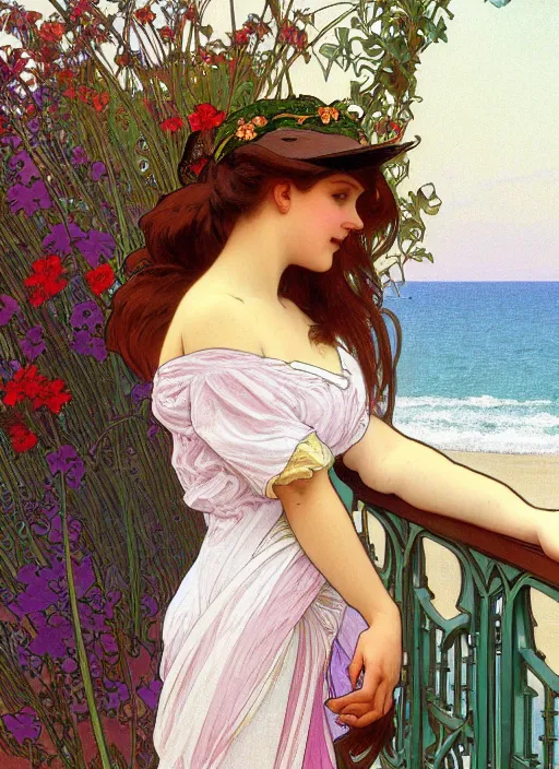 Prompt: pretty young woman leaning against the railing at the beach, path traced, highly detailed, high quality, digital painting, by alphonse mucha, disney