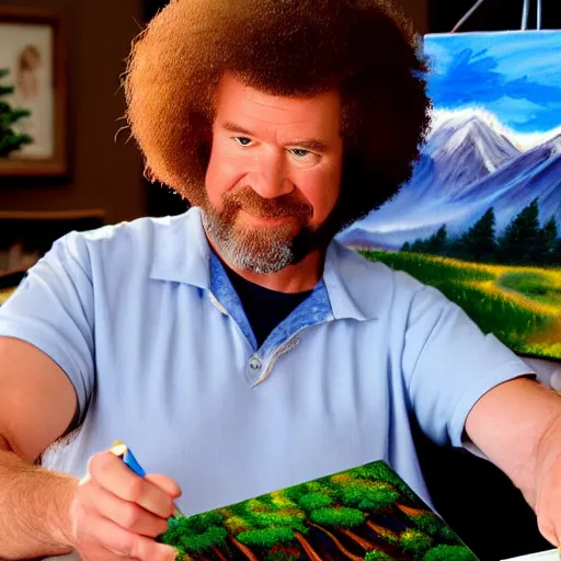 Image similar to a closeup photorealistic photograph of bob ross putting the finishing touches on a canvas painting that includes kenny powers. mountains and trees. film still. brightly lit scene. this 4 k hd image is trending on artstation, featured on behance, well - rendered, extra crisp, features intricate detail, epic composition and the style of unreal engine.