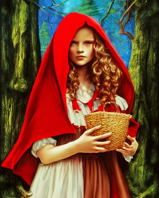 Image similar to little red riding hood, airbrush, drew struzan illustration art, key art, movie poster