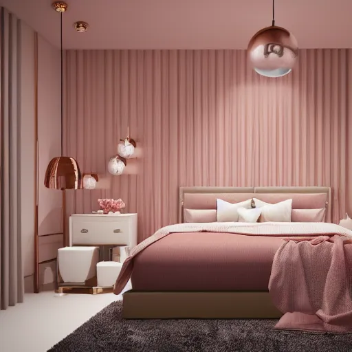 Image similar to 3 d render of modern bedroom in rose gold accents