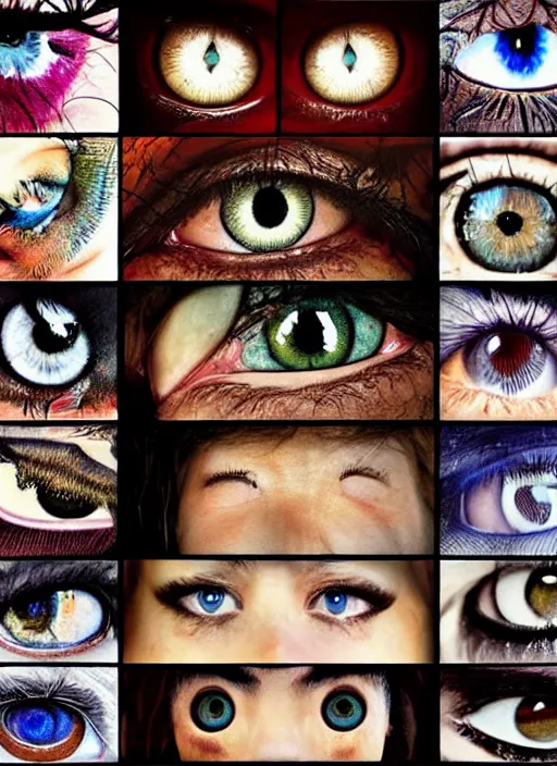 Image similar to grid montage of square shaped eyes, square shaped dilated pupils, square irises, detailed colored textures, eyelashes, advanced art, art styles mix, from wikipedia, wet reflections in eyes, sunshine light, hd macro photograph, from side, various eyelid positions, square black pupil centered