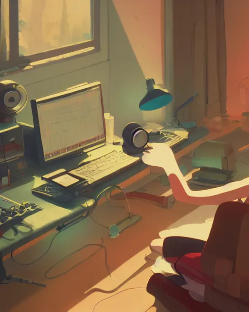 Image similar to producer making music late at night at his home studio, detailed, cory loftis, james gilleard, atey ghailan, makoto shinkai, goro fujita, studio ghibli, rim light, exquisite lighting, clear focus, very coherent, plain background, soft painting