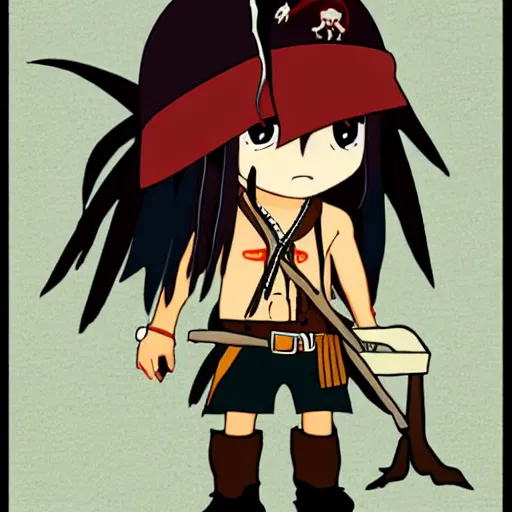 Image similar to chibi anime version of jack sparrow getting really drunk on the beach