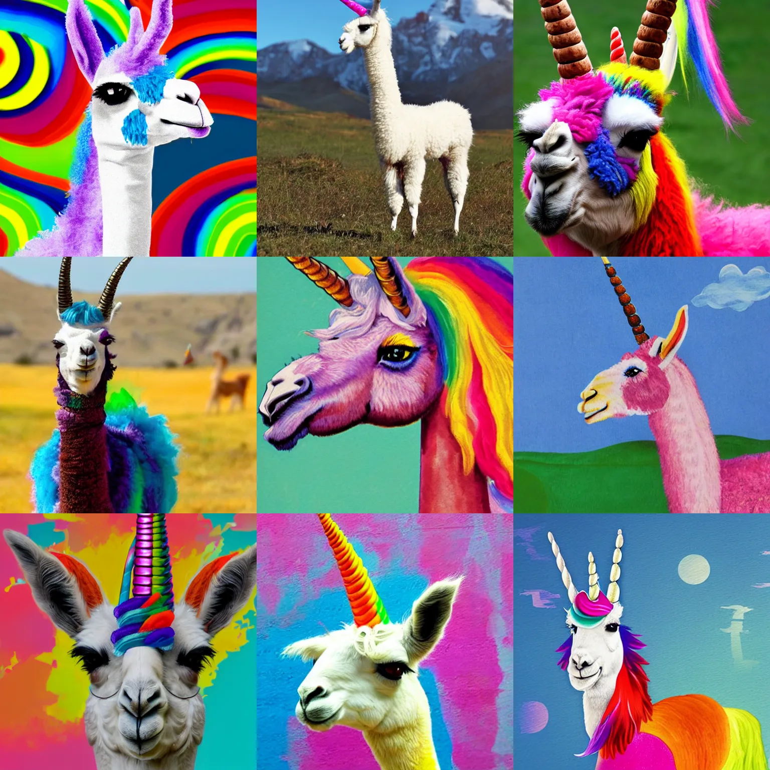 Prompt: a colorful llama with a unicorn horn