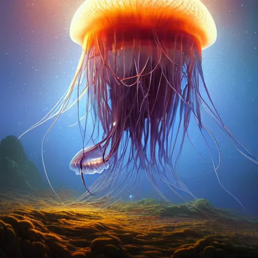 Prompt: photorealistic beautiful ethereal jellyfish planet in the style of michael whelan and greg rutkowski. hyperdetailed photorealism, 1 0 8 megapixels, amazing depth, glowing rich colors, powerful imagery, psychedelic overtones, 3 d finalrender, 3 d shading, cinematic lighting, artstation concept art