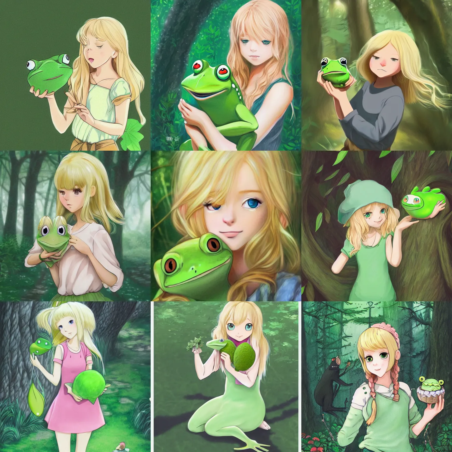 Prompt: illustration of a blonde girl! holding a happy green! frog!, in a whimsical fairytale forest, studio ghibli, fantasy, disney, anime, digital art, cute, shoujo, trending on artstation, very detailed, realistic, pastel colours, anime 4 k