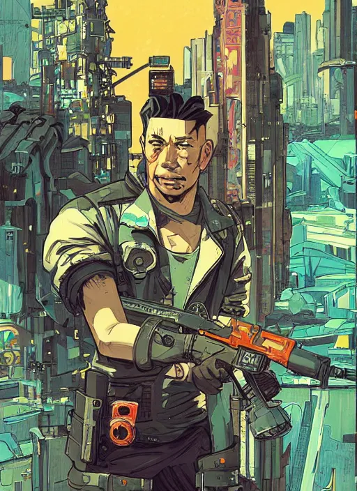 Prompt: hector tanaka. cyberpunk mercenary with scenic background. portrait illustration, pop art, art by ashley wood, alphonse mucha, laurie greasley and josan gonzalez. cinematic. dynamic lighting. realistic proportions. creative design. cell shading