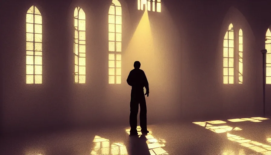 Prompt: a broken humanoid metal robot praying in empty church, sunshine through window, bladerunner, digital illustration, artstation, cinematic composition